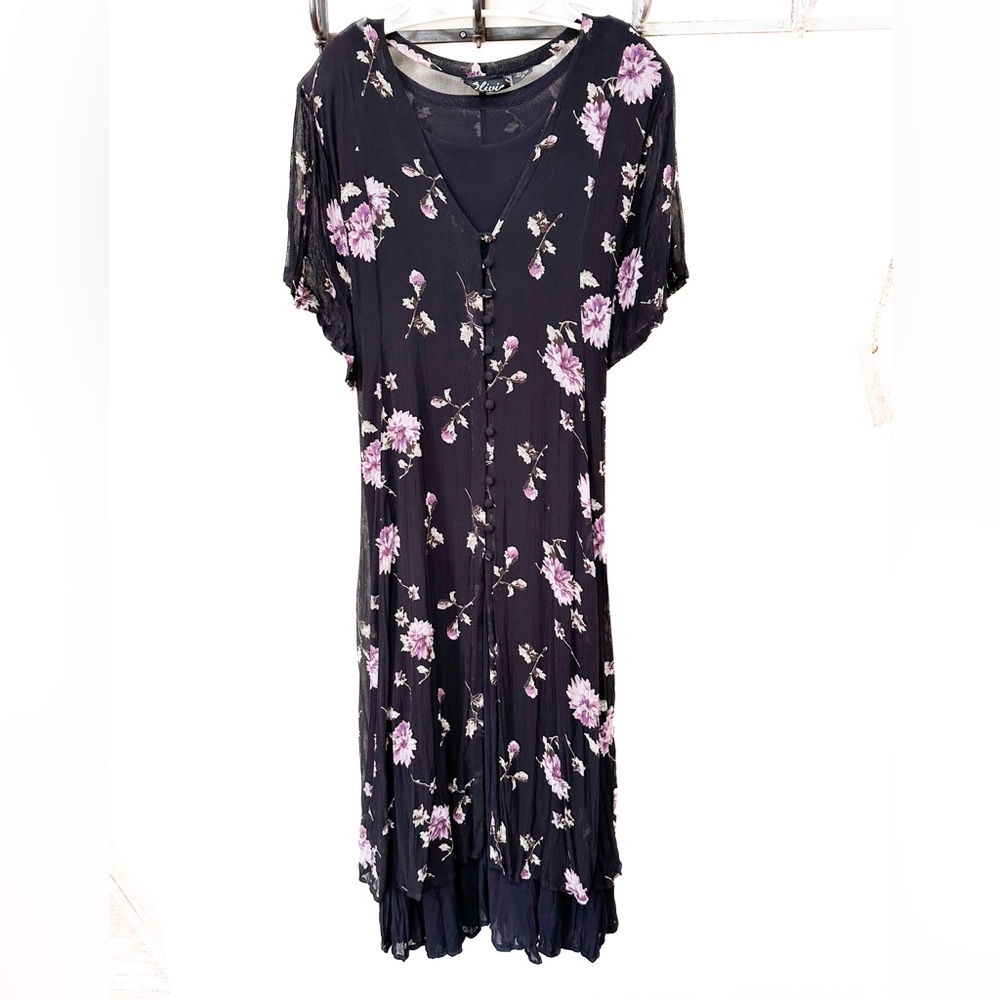 Vintage Olivia boho short sleeve 2 layer crinkle fabric maxi dress